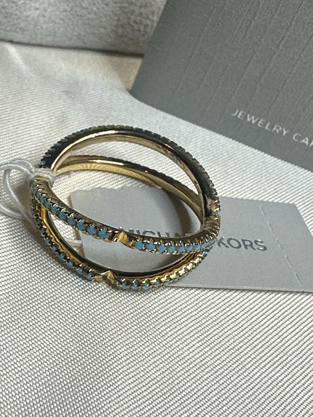 Michael Kors Gold 925 and Blue Pavé Crystal Stackable Ring 8 New! Nest X Rare